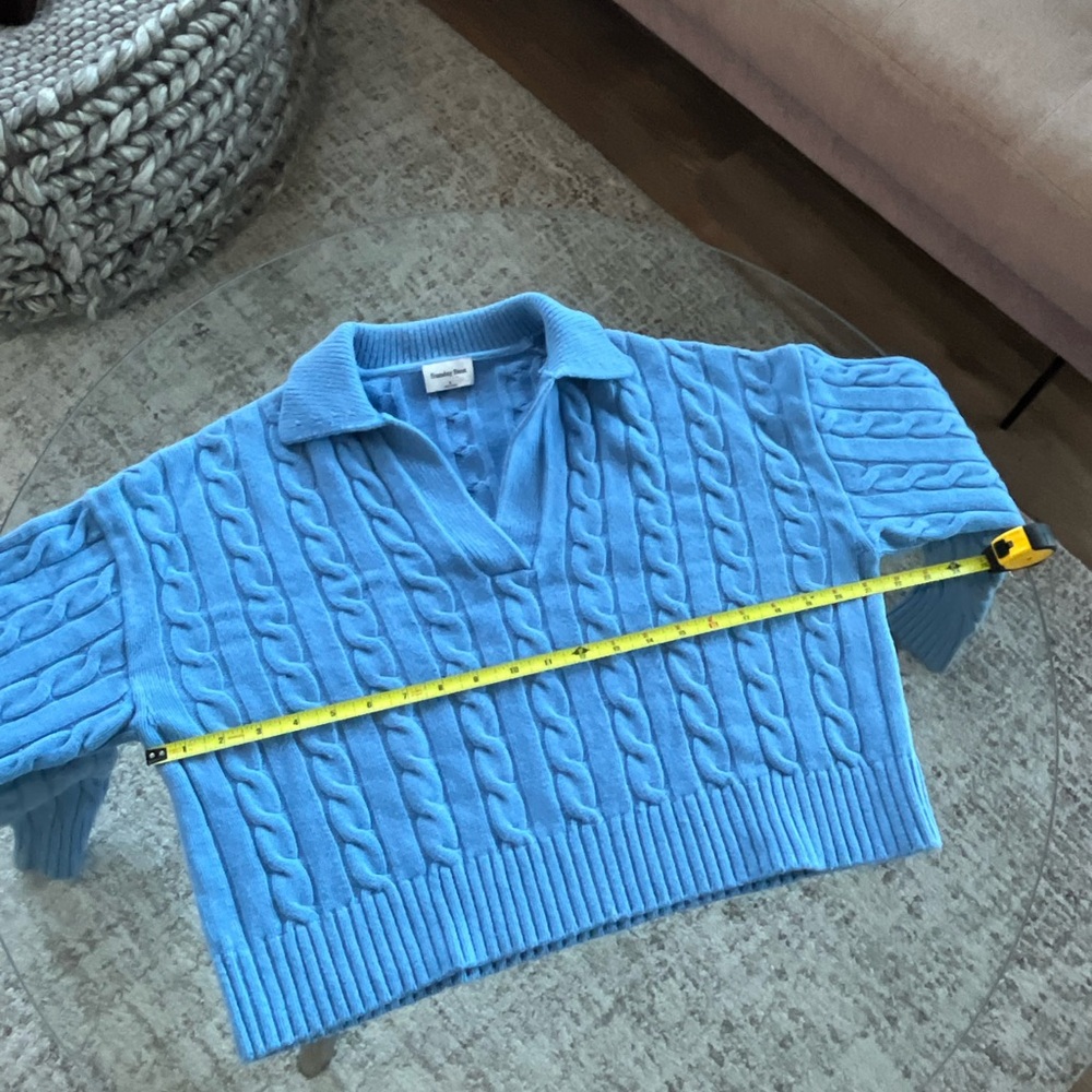 Aritzia Sunday Best Lottie Blue Merino Wool Relaxed Polo Cotagecore Sweater SzS - Picture 11 of 17